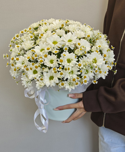 Шляпная коробка с белыми ромашками матрикария и кустовая хризантема
